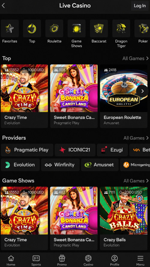 Live-casino section with play against a real dealer